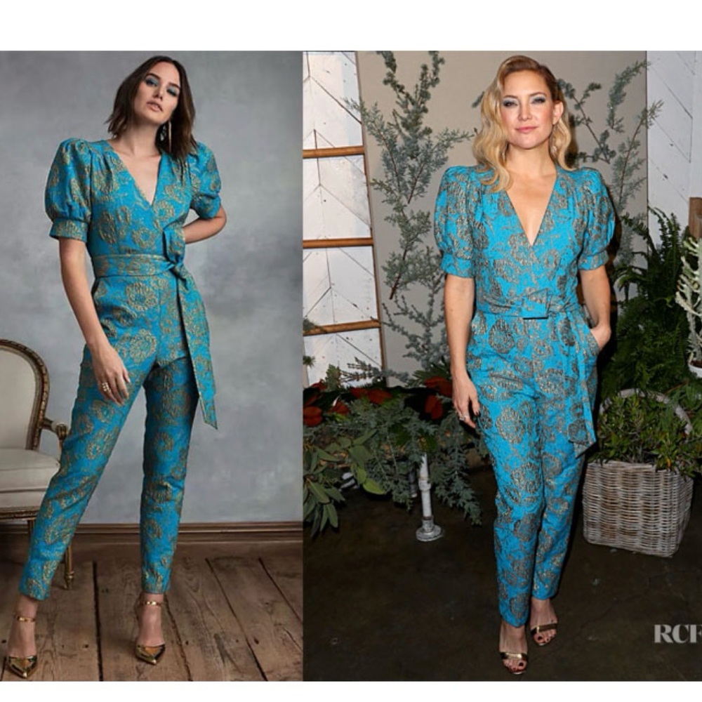 NWT Happy x Nature by Kate Hudson Teal & Gold Brocade Puff Sleeve Jumpsuit